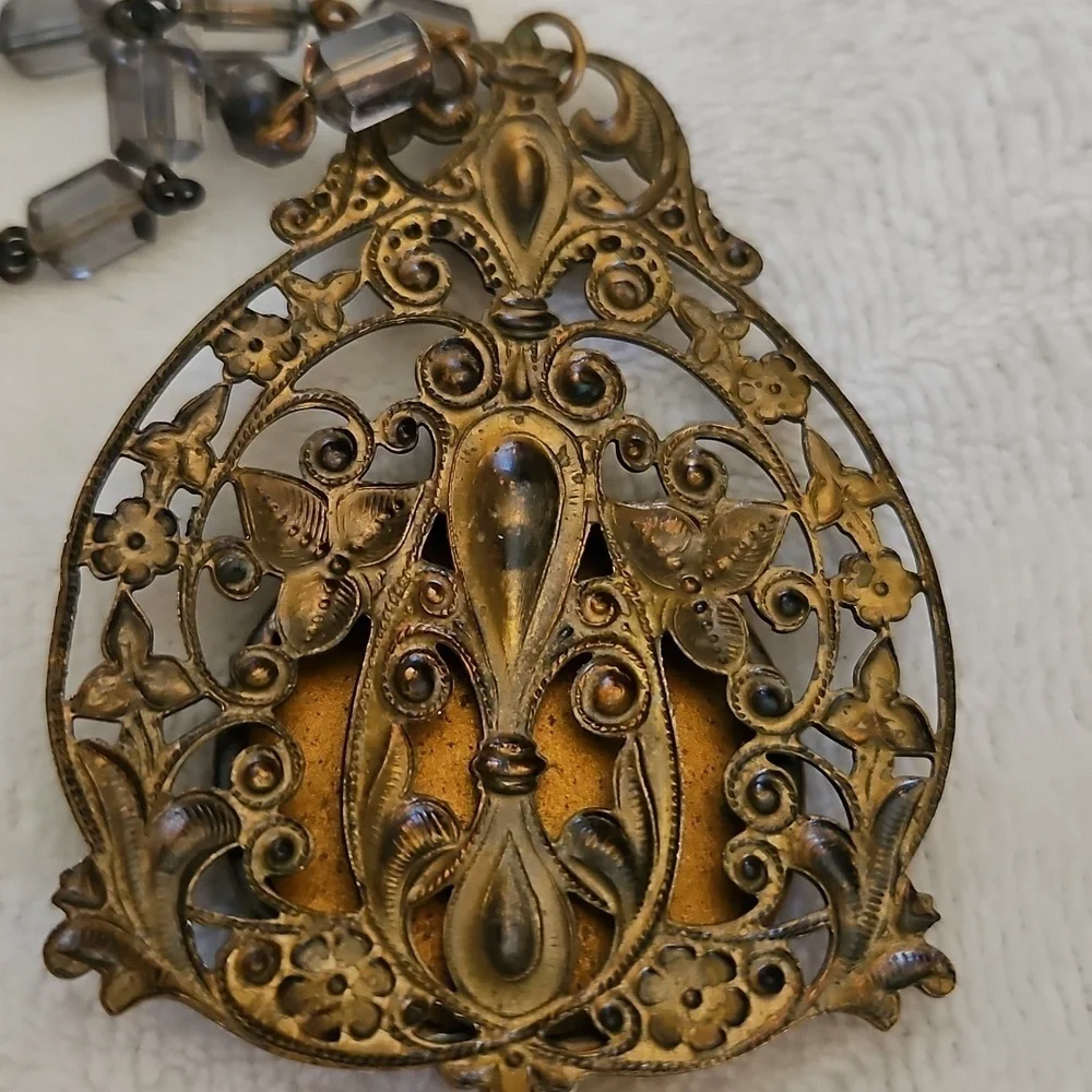 Antique Floral Repousse Czech Crystal Pendant Beaded Choker Necklace